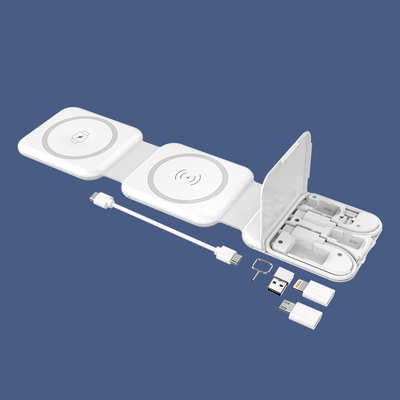 यूएसबी और माइक्रो लाइटनिंग एसएमआई कार्ड एजेक्टर के साथ चुंबकीय दो में एक वायरलेस चार्जर
